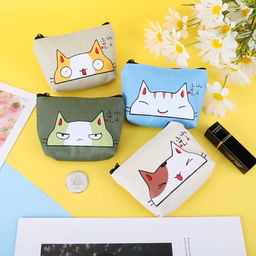 iSuperb Pack of 4 Coin Purse Oxford Small Zipper Wallet for Coins Cash Credit Card USB Charger Cable Headset Keys Lipstick (Cute Cat)