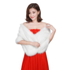 Women Winter Classic Faux Fur Capelets Shawls Soft Long Wedding Bridal Bridesmaid Shoulder Cape Wraps Dress Coat Tippet White