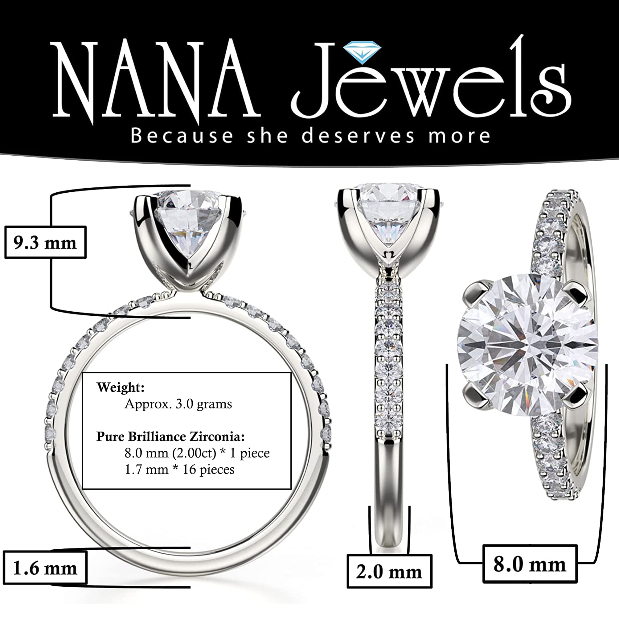 NANA Jewels Womens Sterling Silver 8.0mm (2ct) Round Cut Zirconia Solitaire Engagement Ring, Platinum Plated, Blue, Size 6