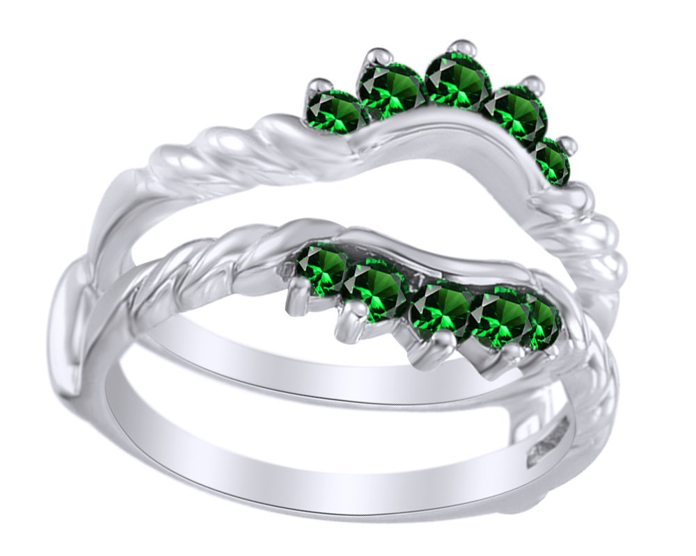 AFFY Simulated Green Emerald Enhancer Guard Ring in 14k White Gold Ring Size - 8