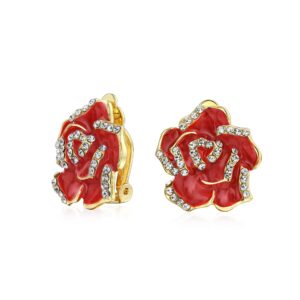 red enamel flower crystal edge spring retro floral rose clip on earrings for women non pierced ears 14k gold plated