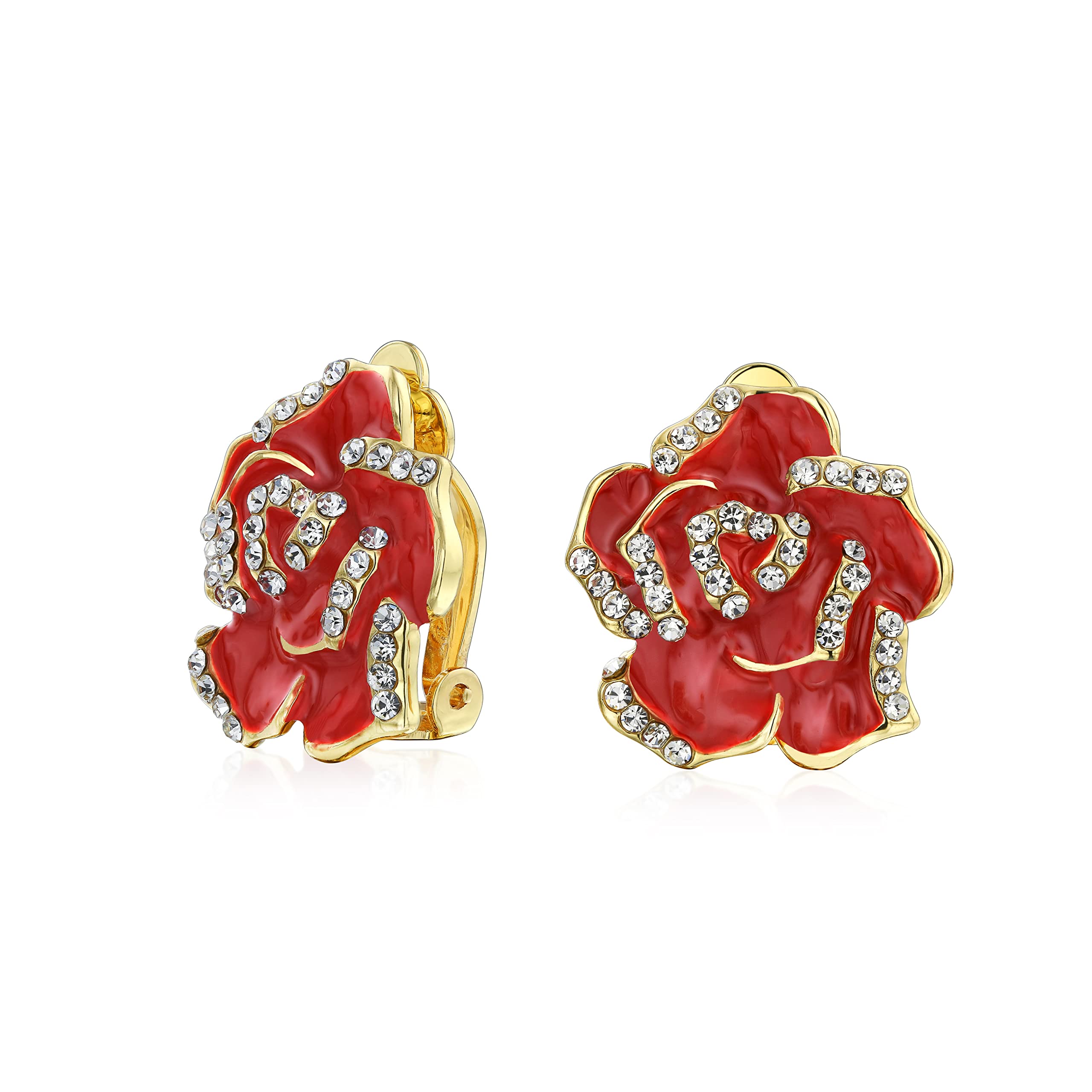 Red Enamel Flower Crystal Edge Spring Retro Floral Rose Clip On Earrings For Women Non Pierced Ears 14K Gold Plated