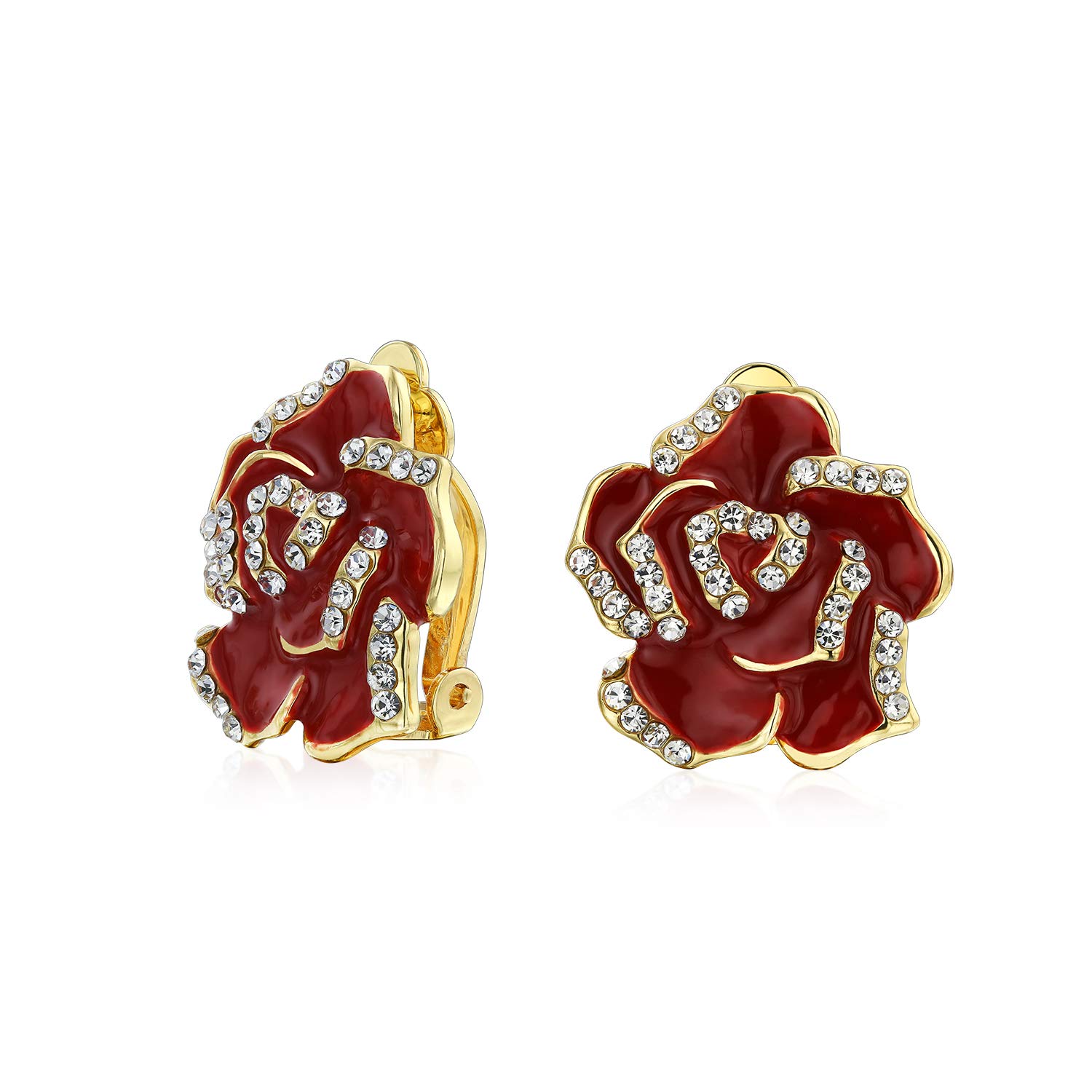 Red Enamel Flower Crystal Edge Spring Retro Floral Rose Clip On Earrings For Women Non Pierced Ears 14K Gold Plated