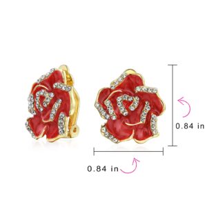 Red Enamel Flower Crystal Edge Spring Retro Floral Rose Clip On Earrings For Women Non Pierced Ears 14K Gold Plated