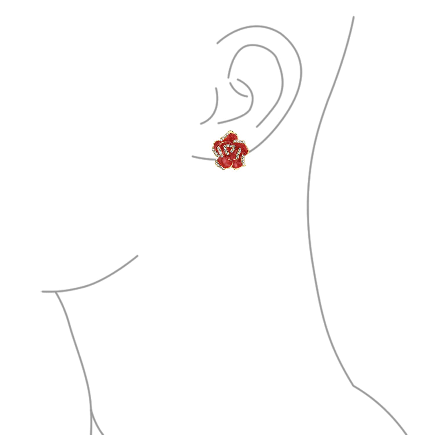 Red Enamel Flower Crystal Edge Spring Retro Floral Rose Clip On Earrings For Women Non Pierced Ears 14K Gold Plated