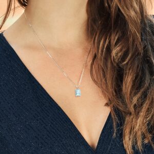 Gem Stone King 925 Sterling Silver Gemstone Birthstone Necklace | Emerald Cut 9X7MM Pendant Necklace for Women | With 18 Inch Silver Chain