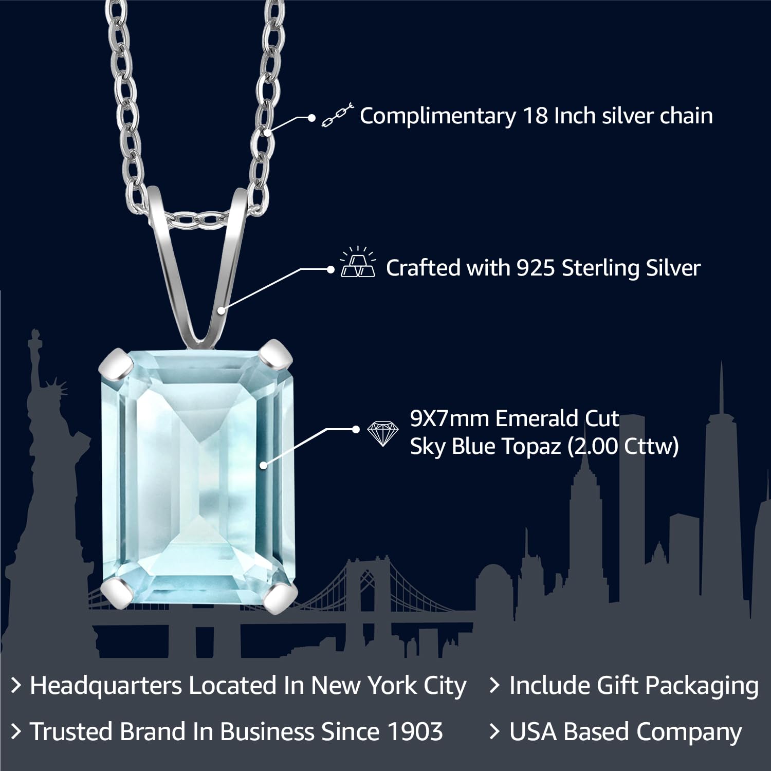 Gem Stone King 925 Sterling Silver Gemstone Birthstone Necklace | Emerald Cut 9X7MM Pendant Necklace for Women | With 18 Inch Silver Chain