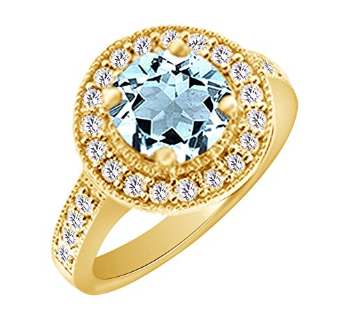 AFFY 3.65 cttw Simulated Blue Aquamarine & White Natural Diamond Halo Engagement Wedding Ring in 14K Solid Yellow Gold with, Ring Size 10.5