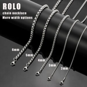 Monily 6mm 26In Square Rolo Stainless Steel Chain Necklace Round Box Necklace Men Women Jewellery