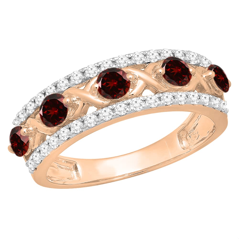 Dazzlingrock Collection Round Garnet & White Diamond 5 Stone Criss-Cross Style Wedding Ring for Women in 14K Rose Gold, Size 5