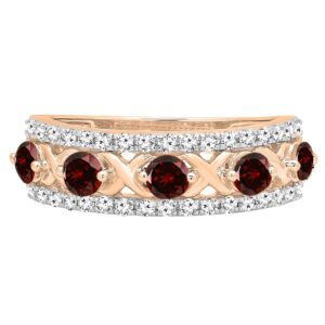 Dazzlingrock Collection Round Garnet & White Diamond 5 Stone Criss-Cross Style Wedding Ring for Women in 14K Rose Gold, Size 5