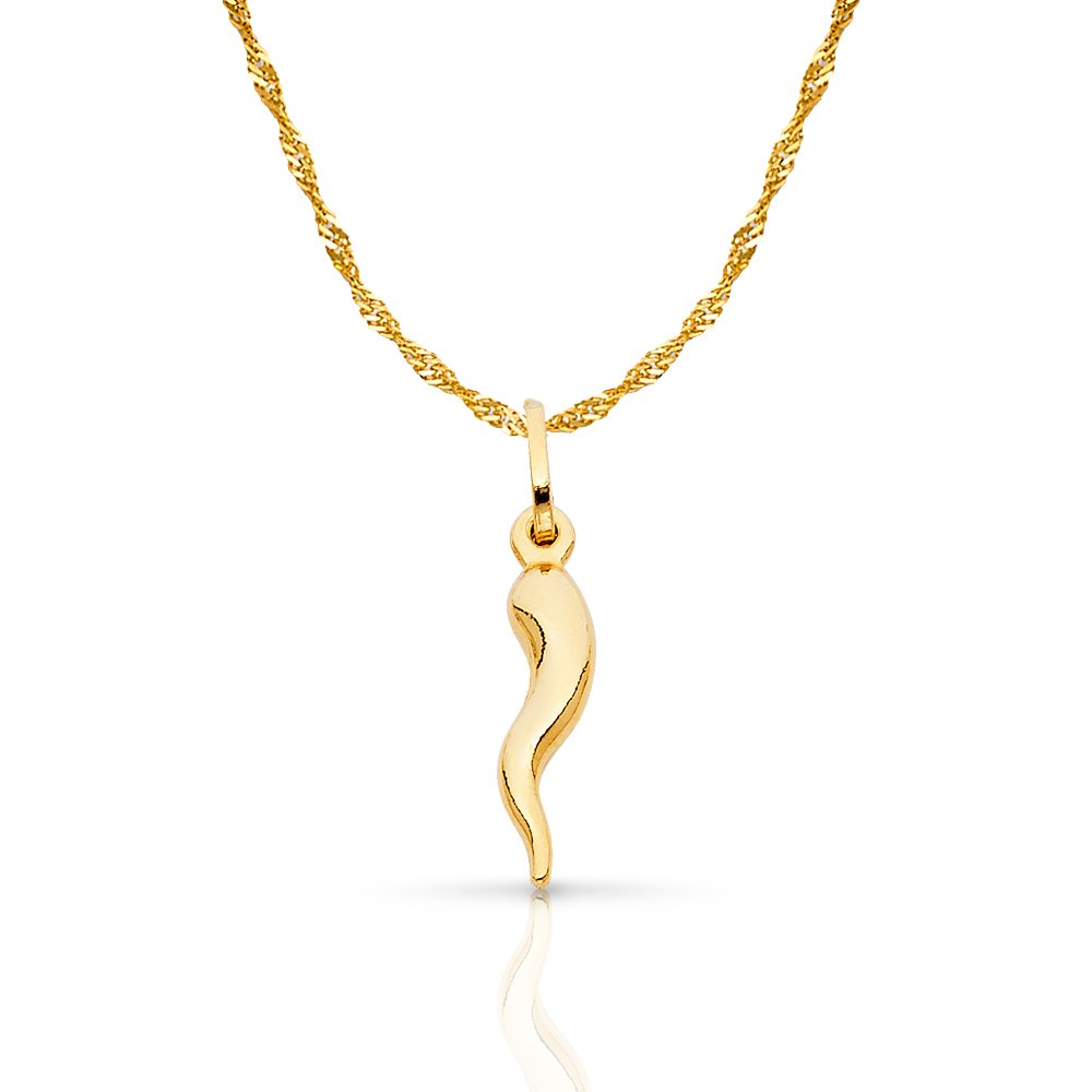 14K Yellow Gold Cornicello Italian Horn Necklace Good Luck Charm Pendant with 1.2mm Singapore Chain Necklace - 24"