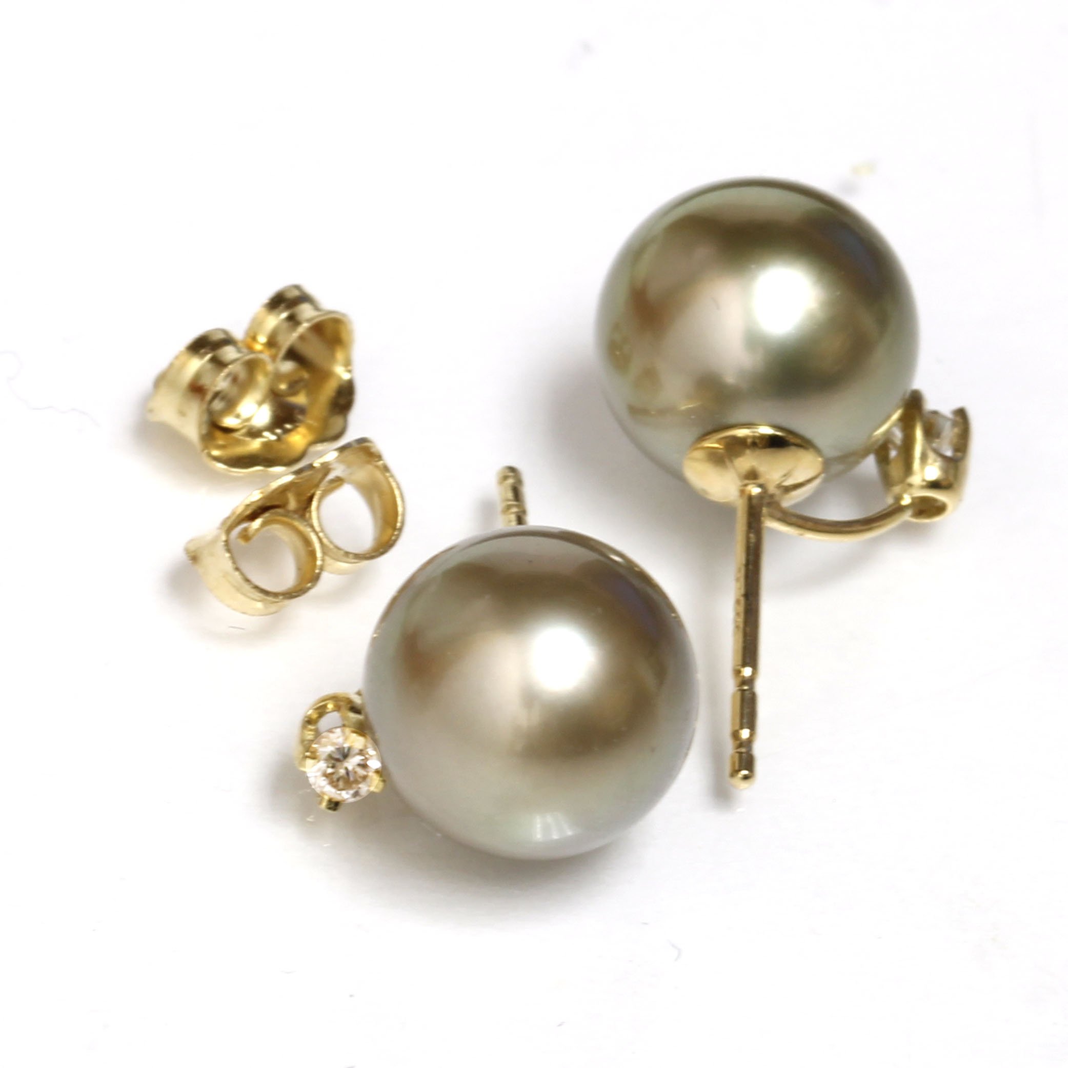 14k Gold Tahitian South Sea Diamond Pearl Stud Earrings 8 MM AAA Flawless - Light Chocolate