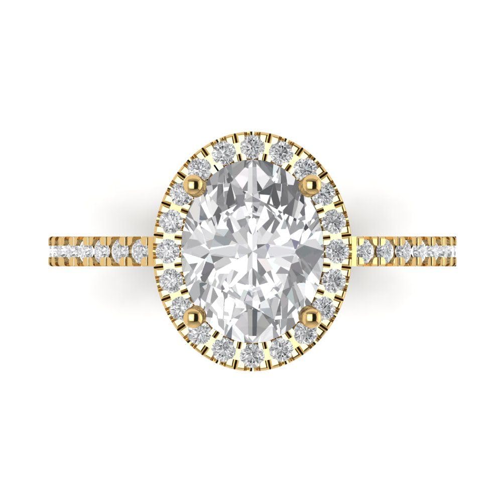 Yellow 14k Gold Halo Solitaire W/Accents Bridal Engagement Promise Ring 2.27 Ct Oval Cut Clear Simulated Diamond Sz 7.25