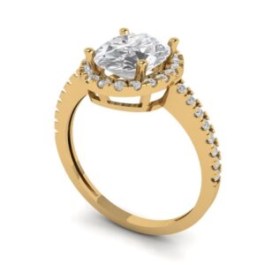 Yellow 14k Gold Halo Solitaire W/Accents Bridal Engagement Promise Ring 2.27 Ct Oval Cut Clear Simulated Diamond Sz 7.25