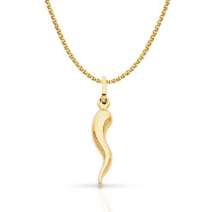 14k yellow gold cornicello italian horn fortune charm pendant with 1.2mm flat open wheat chain necklace - 18"