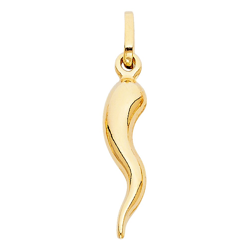 14K Yellow Gold Cornicello Italian Horn Fortune Charm Pendant with 1.2mm Flat Open Wheat Chain Necklace - 18"