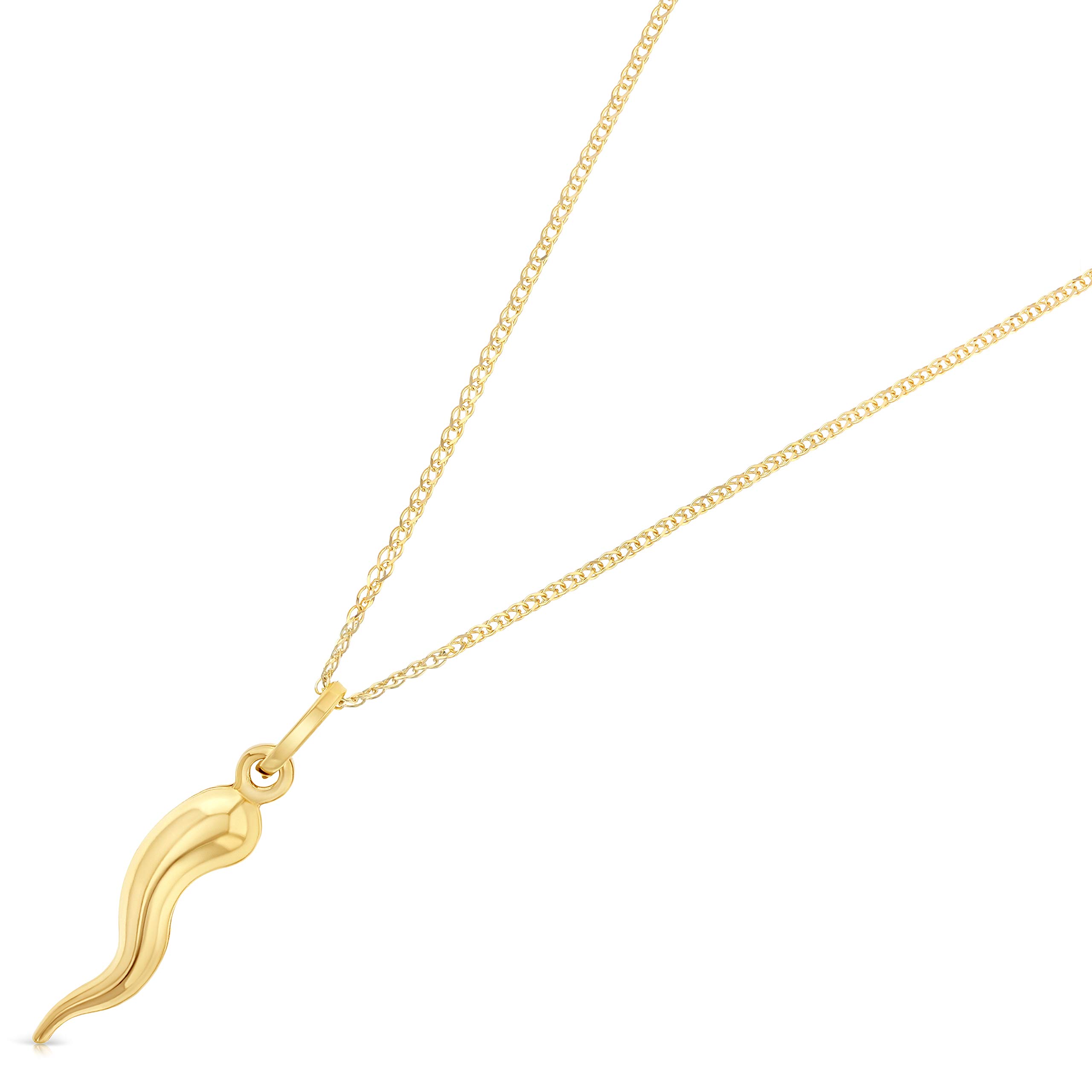 14K Yellow Gold Cornicello Italian Horn Fortune Charm Pendant with 1.2mm Flat Open Wheat Chain Necklace - 18"