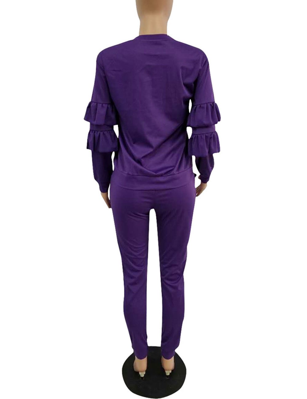 Akmipoem Casual Ruffle Two Piece Outfits Pullover Tops and Pants Jumpsuit Set for Ladies Purple XL