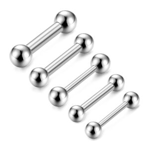 Udalyn 5Pcs Stainless Steel Tongue Ring Internally Threaded Straight Body Piercing Set 6-14G