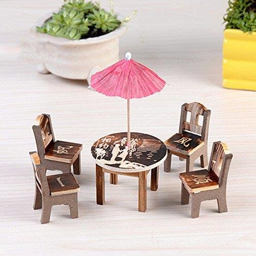 CoscosX 1 Set Miniature Wooden Furniture Set Table Chairs Parasols Fairy Micro Garden Landscape Craft Dollhouse Decor Micro Landscape Bonsai House Decoration