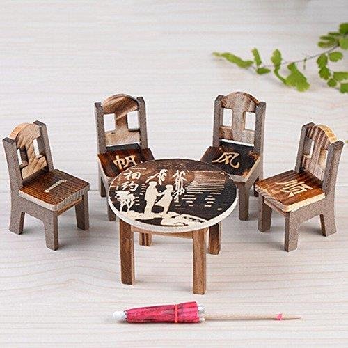 CoscosX 1 Set Miniature Wooden Furniture Set Table Chairs Parasols Fairy Micro Garden Landscape Craft Dollhouse Decor Micro Landscape Bonsai House Decoration