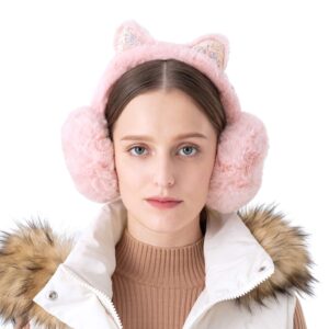 Surblue Foldable Cat Ear Earmuffs Winter Warm Outdoor Ear Covers Headband Fur Ear Warmer, Pink