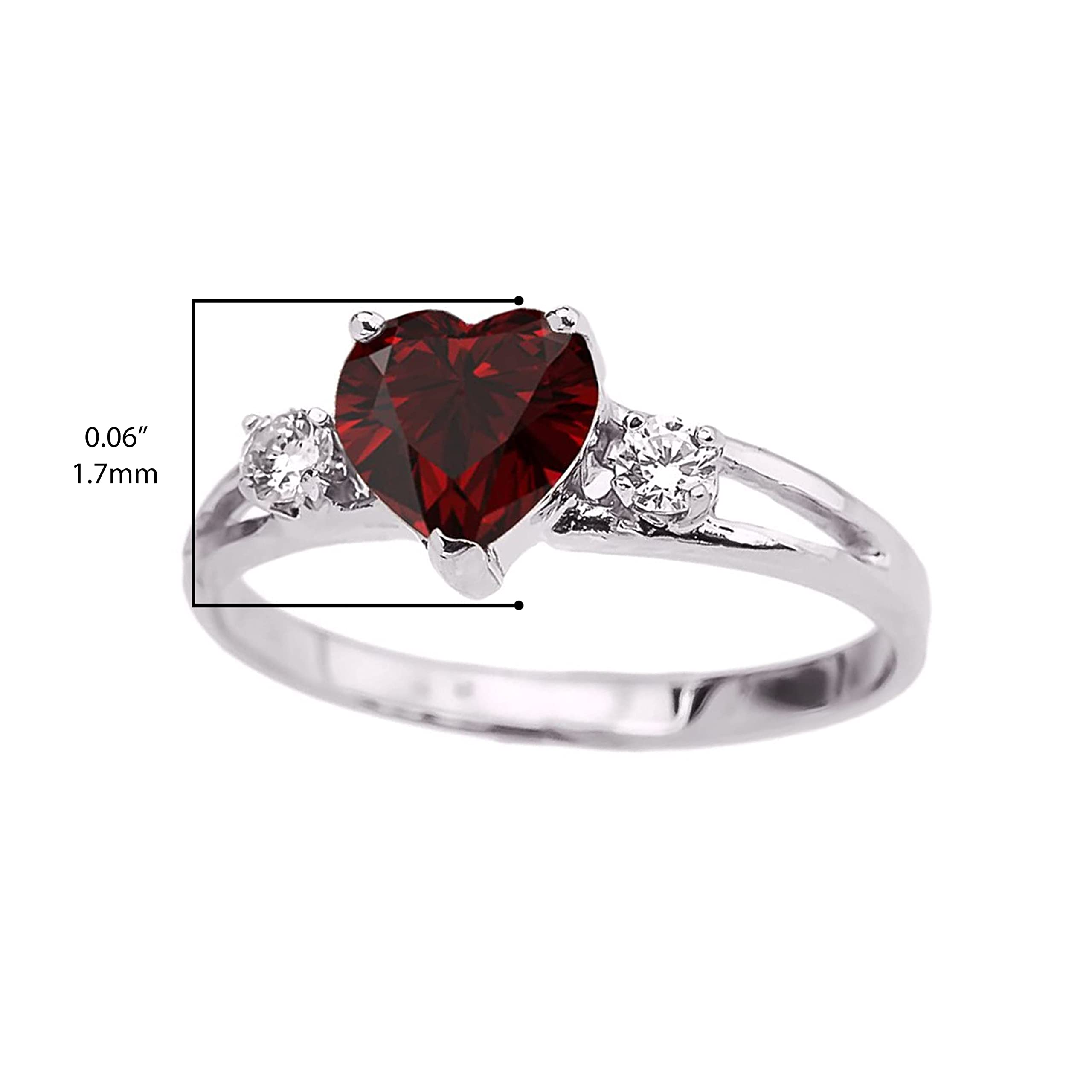 Modern Contemporary Rings 14k White Gold Heart Shape Garnet & White Topaz Split Shank Three Stone Ring - Size 6