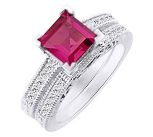 affy 2 cttw simulated pink sapphire & white natural diamond engagement wedding ring set in 14k white gold with ring size 8.5