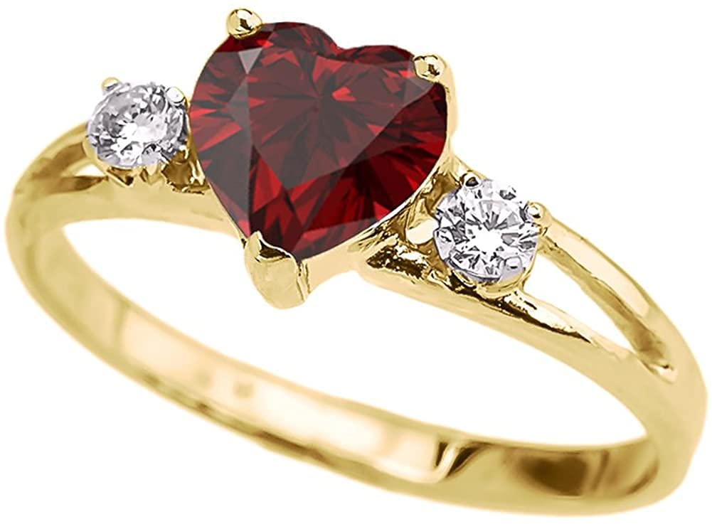 14k Yellow Gold Heart Shape Garnet & White Topaz Split Shank Three Stone Ring - Size 5