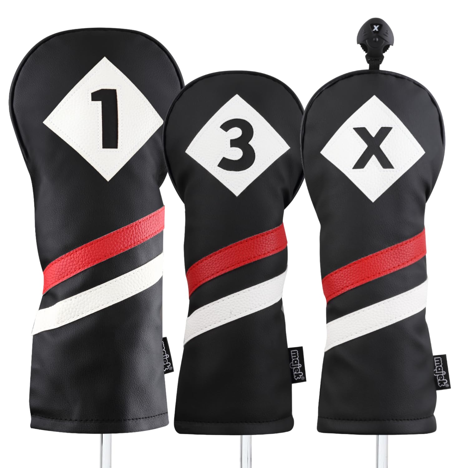 Majek Retro Golf Headcovers Black Red and White Vintage Leather Style 1 3 X Driver Fairway Woods Head Cover Classic Look