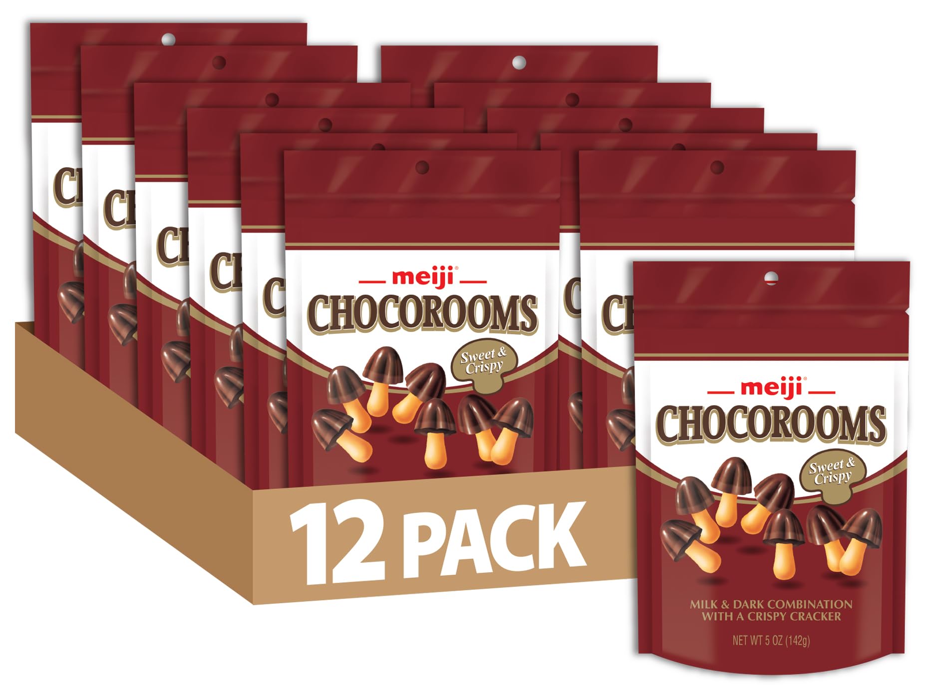 Meiji Chocorooms Crispy Crackers, Milk and Dark Chocolate Combination - 5 oz, Pack of 12 - Bite Sized Crackers in Fun Mushroom Shapes