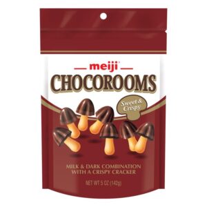 Meiji Chocorooms Crispy Crackers, Milk and Dark Chocolate Combination - 5 oz, Pack of 12 - Bite Sized Crackers in Fun Mushroom Shapes