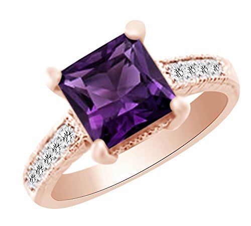 AFFY 3.2 cttw Simulated Amethyst & White Natural Diamond Vintage Style Engagement Wedding Ring in 14k Rose Gold with Ring Size 5.5