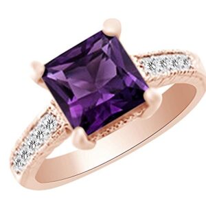 AFFY 3.2 cttw Simulated Amethyst & White Natural Diamond Vintage Style Engagement Wedding Ring in 14k Rose Gold with Ring Size 5.5