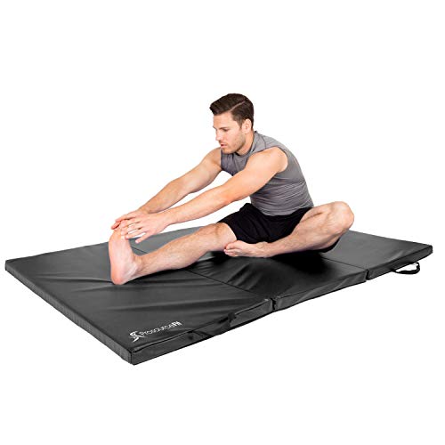 ProSource Tri-Fold Folding Thick Exercise Mat 6’x4’ with Carrying Handles for Tumbling, Martial Arts, Gymnastics, Stretching, Core Workouts, Black