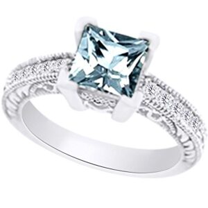 AFFY 1.85 cttw Simulated Blue Aquamarine & White Natural Diamond Vintage Engagement Wedding Ring in 14k White Gold with Ring Size 13.5