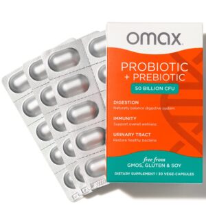 omax prebiotic & probiotic 50 billion cfu + chicory inulin, 10 strains, reduce bloating, digestion, sibo, leaky gut, vaginal ph, acidophilus, vegan, dairy free, gluten free, blister packaged