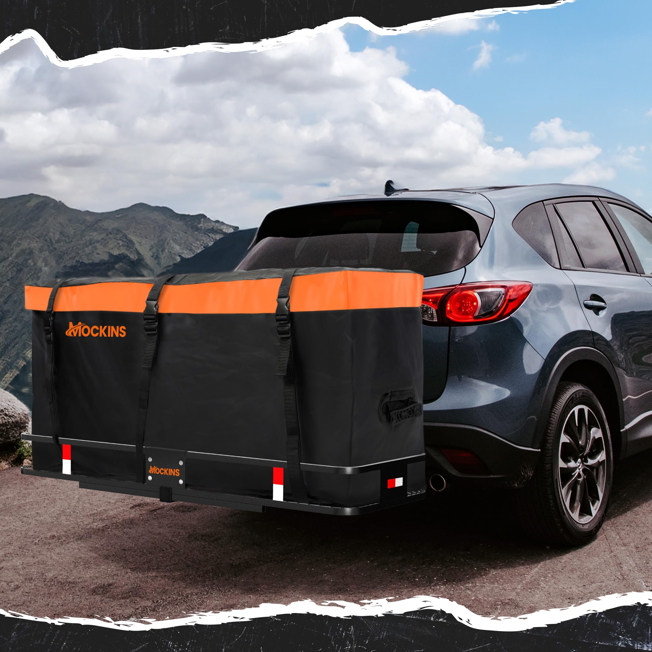 Mockins 60x20x6 Folding Cargo Carrier Hitch Mount | 500 lb Cap Hitch Rack &16 CuFt Soft Shell Waterproof Cargo Carrier Bag | Steel Trailer Hitch Cargo Carrier | Hitch Mount Cargo Carrier Cargo Trailer