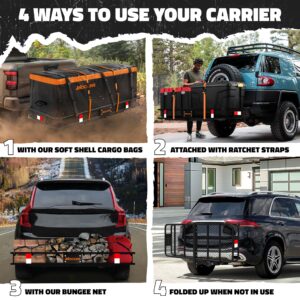 Mockins 60x20x6 Folding Cargo Carrier Hitch Mount | 500 lb Cap Hitch Rack &16 CuFt Soft Shell Waterproof Cargo Carrier Bag | Steel Trailer Hitch Cargo Carrier | Hitch Mount Cargo Carrier Cargo Trailer