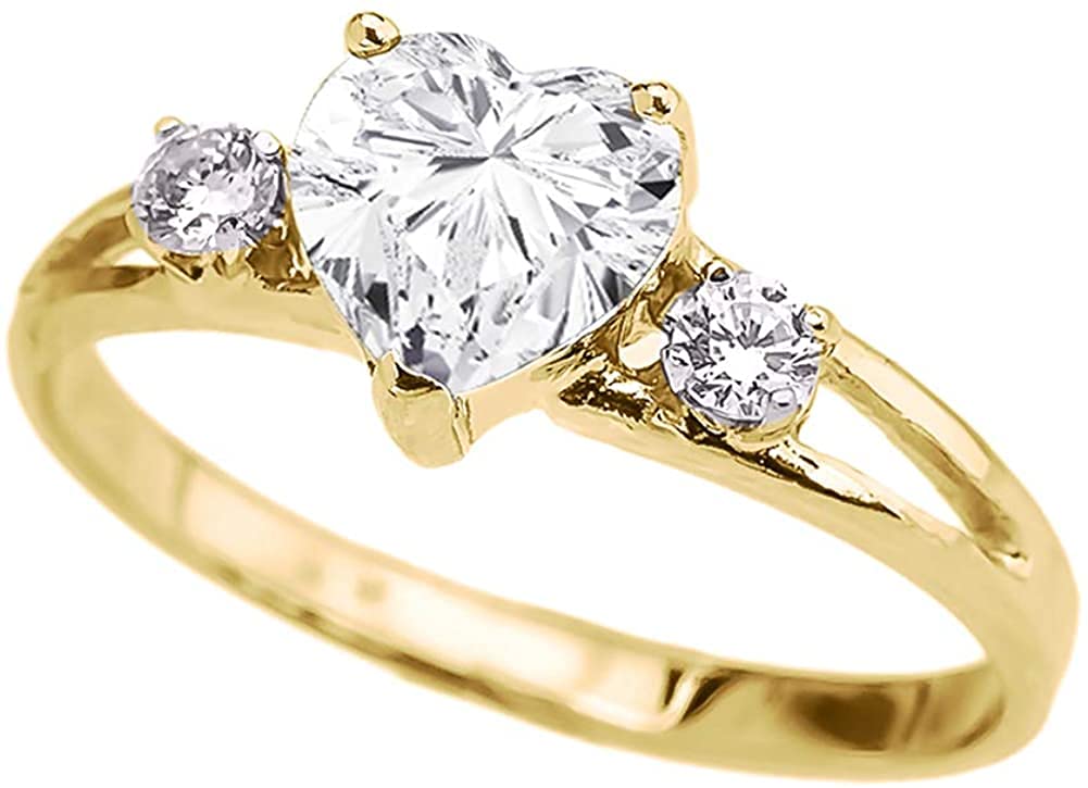 10k Yellow Gold Heart Shape Cubic Zirconia & White Topaz Split Shank Three Stone Ring - Size 4