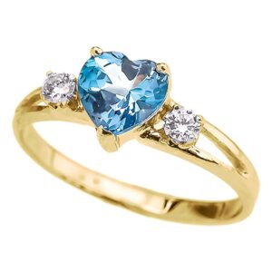 modern contemporary rings 10k yellow gold heart shape icy blue cubic zirconia & white topaz split shank three stone promise ring - size 4