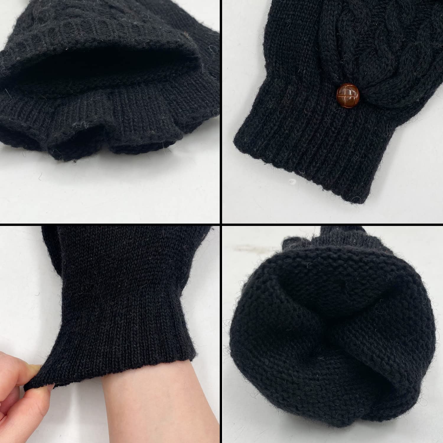 Beurlike Women's Winter Gloves Warm Wool Knitted Convertible Fingerless Mittens (Black)