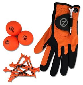 zero friction men's supertube golf kit (includes 3 golf balls, 1 universal fit glove, and pack of golf tees), neon orange