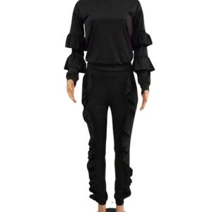 KANSOON Women 2 Pieces Outfits Long Sleeve Sweatshirt and Bodycon Ruffle Sweatpants Tracksuits Black Large