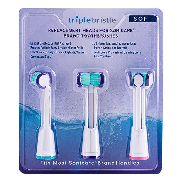 Compatible with Philips Sonicare® ONLY- Three Headed Replacement Toothbrush Heads - Fits ONLY Sonicare Models: DiamondClean, Flexcare+, HealthyWhite+, 2 Series Plaque Control (Soft Bristles - 3 Pack)