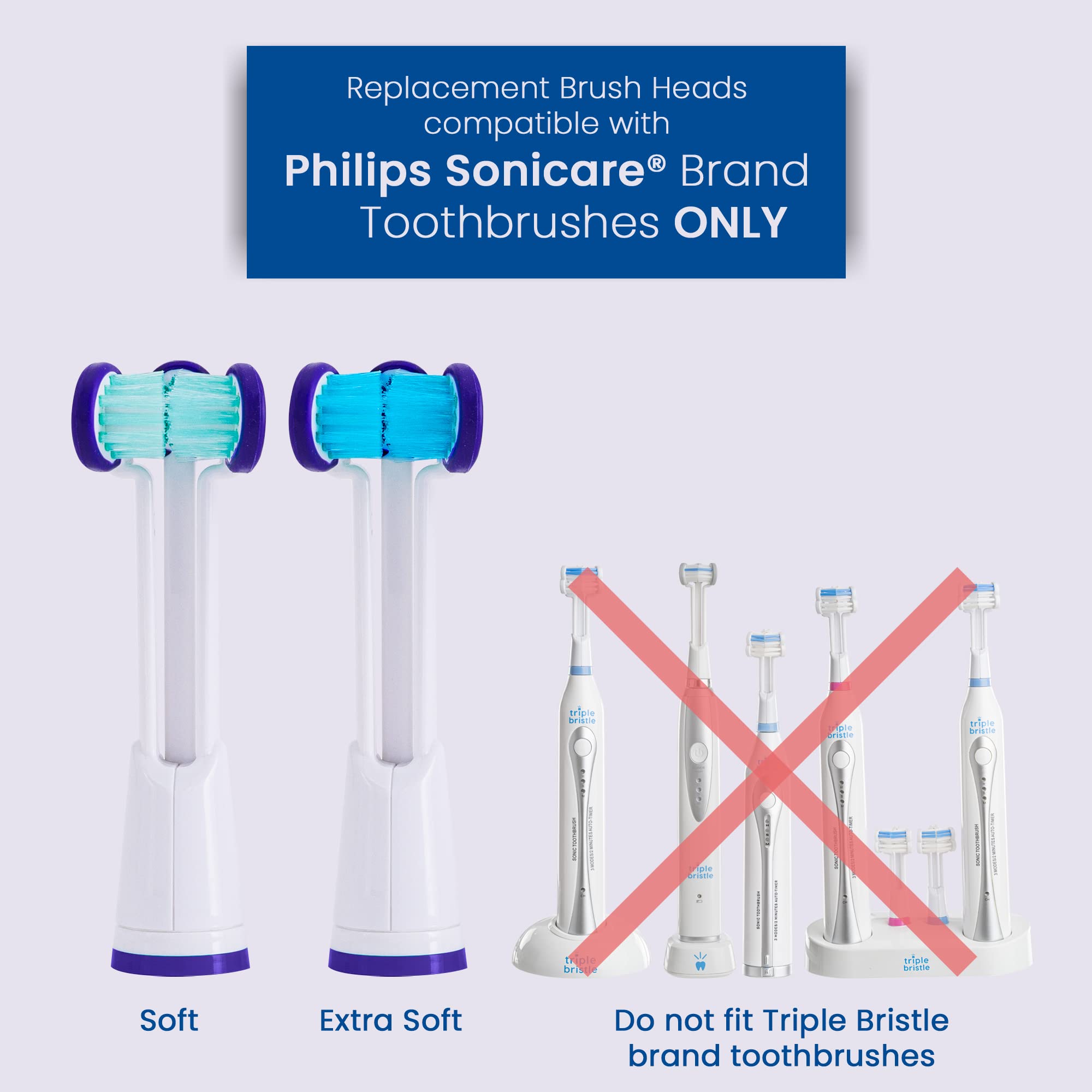 Compatible with Philips Sonicare® ONLY- Three Headed Replacement Toothbrush Heads - Fits ONLY Sonicare Models: DiamondClean, Flexcare+, HealthyWhite+, 2 Series Plaque Control (Soft Bristles - 3 Pack)