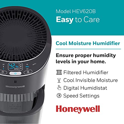 Honeywell Top Fill Tower Humidifier, Digital Humidistat, Black – Cool Mist Humidifier for Bedroom, Home or Office with Space Saving Tower Design