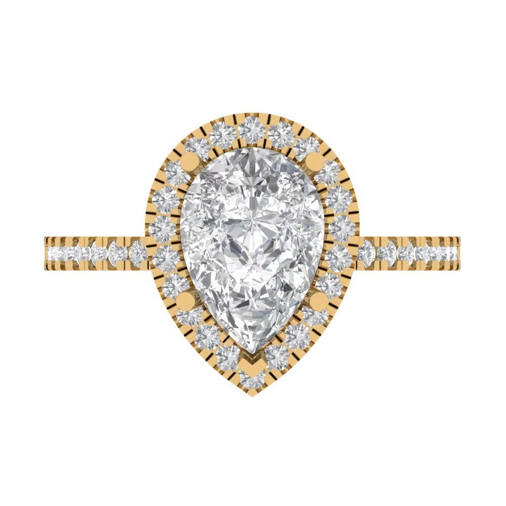 2.38 Ct Pear Cut Clear Simulated Diamond 14K Yellow Gold Halo Solitaire with Accents Engagement Promise Bridal Ring Size 5