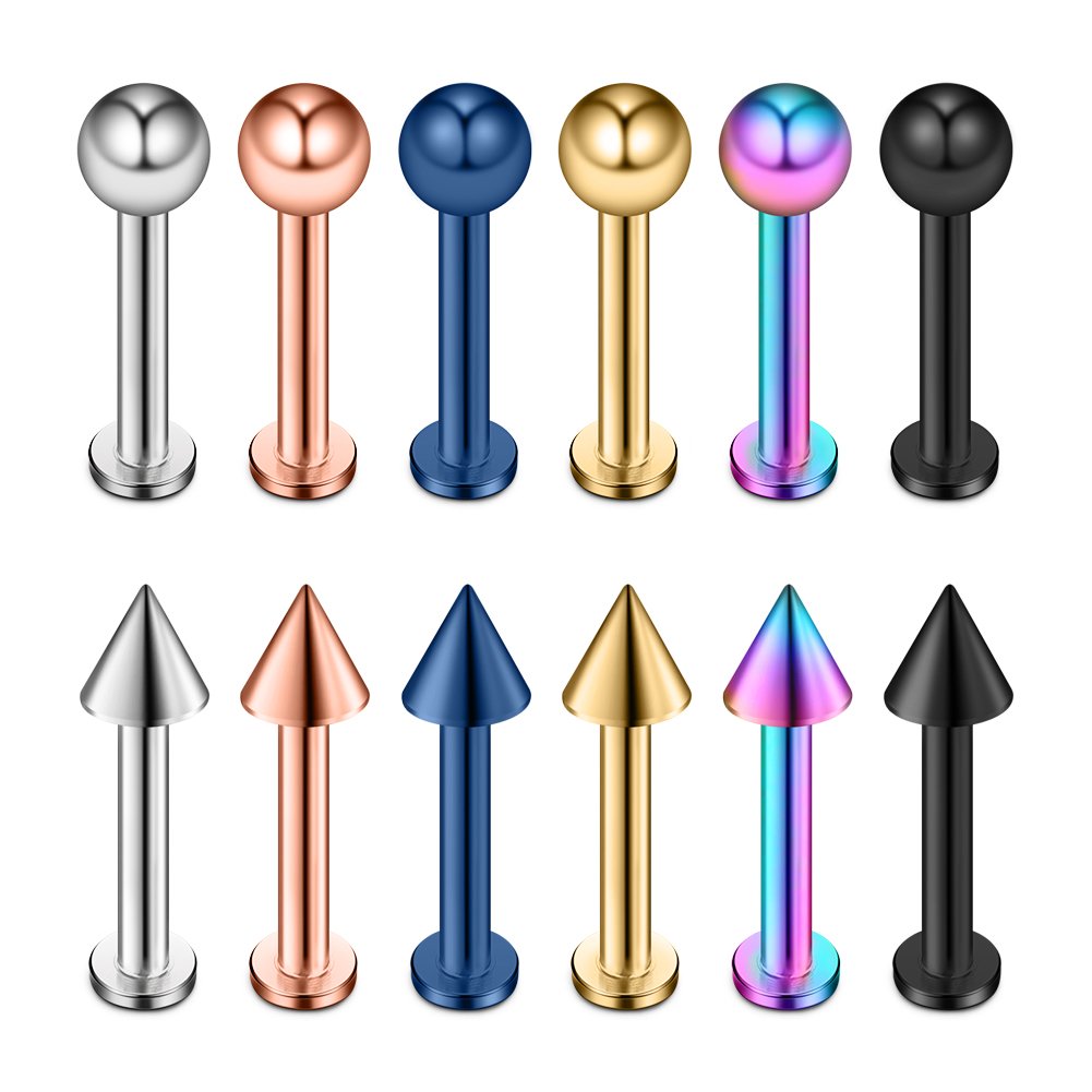 Ruifan 12PCS Assorted Colors Stainless Steel Ball & Spike Labret Monroe Lip Ring/Tragus/Helix Earring Stud Barbell Body Piercing Jewelry 12G 12mm